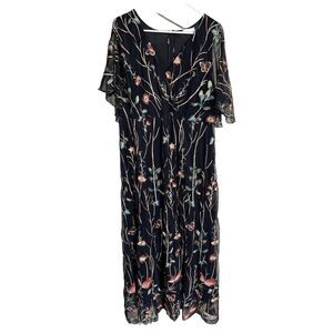 Kiyonna Gown Embroidered Elegance Style 2X Flutter Sleeves Back Zipper Slimming